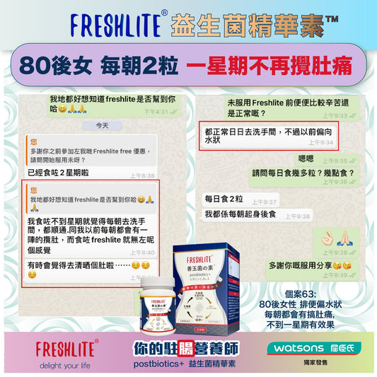 好評63:80後,女性,排便偏向水狀,偶有搞肚感覺⋯⋯ - 新康來 FRESHLITE|日本No.1後生元專家