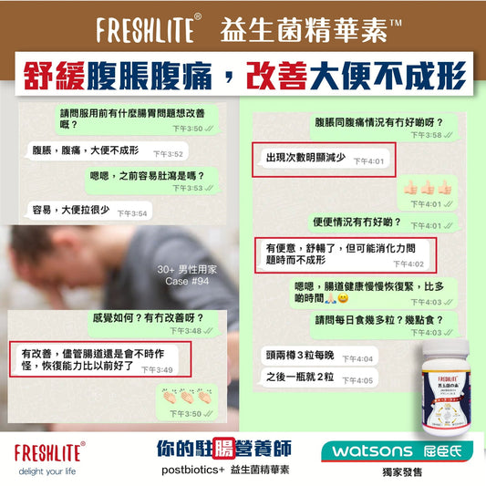 好評94:30+男性,服用前有腹脹,腹痛,大便不成形。 - 新康來 FRESHLITE|日本No.1後生元專家